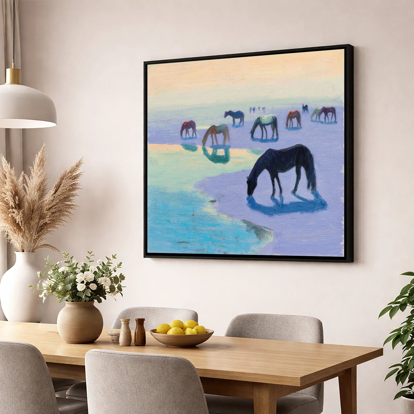Lavender Tide Grazers wild horses wall art displayed in a dining room