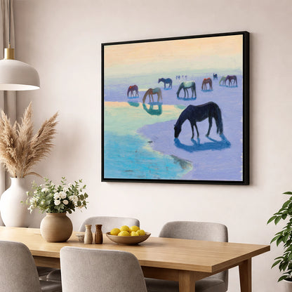 Lavender Tide Grazers wild horses wall art displayed in a dining room