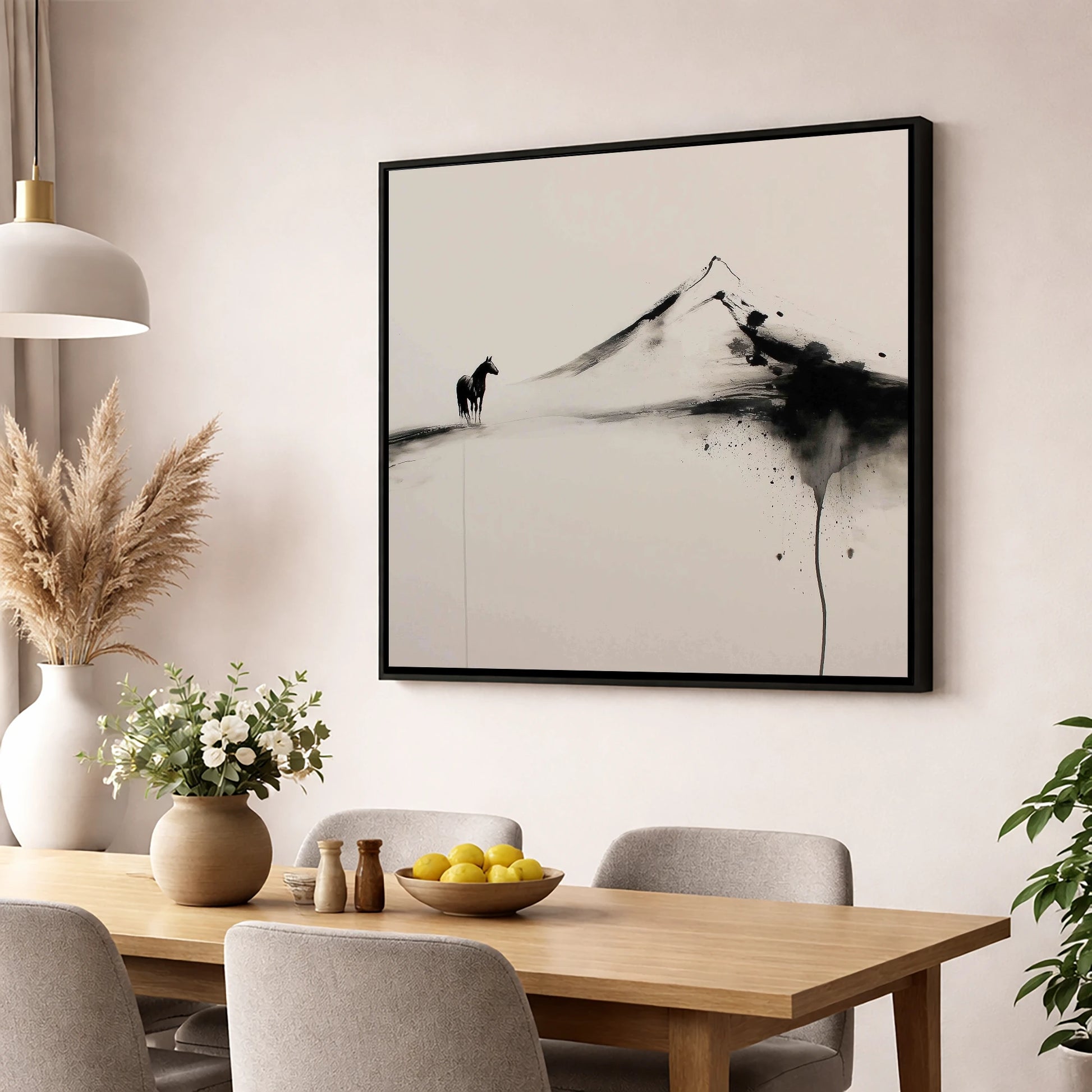 Solitary Mountain Silhouette horse landscape wall art displayed in a dining room