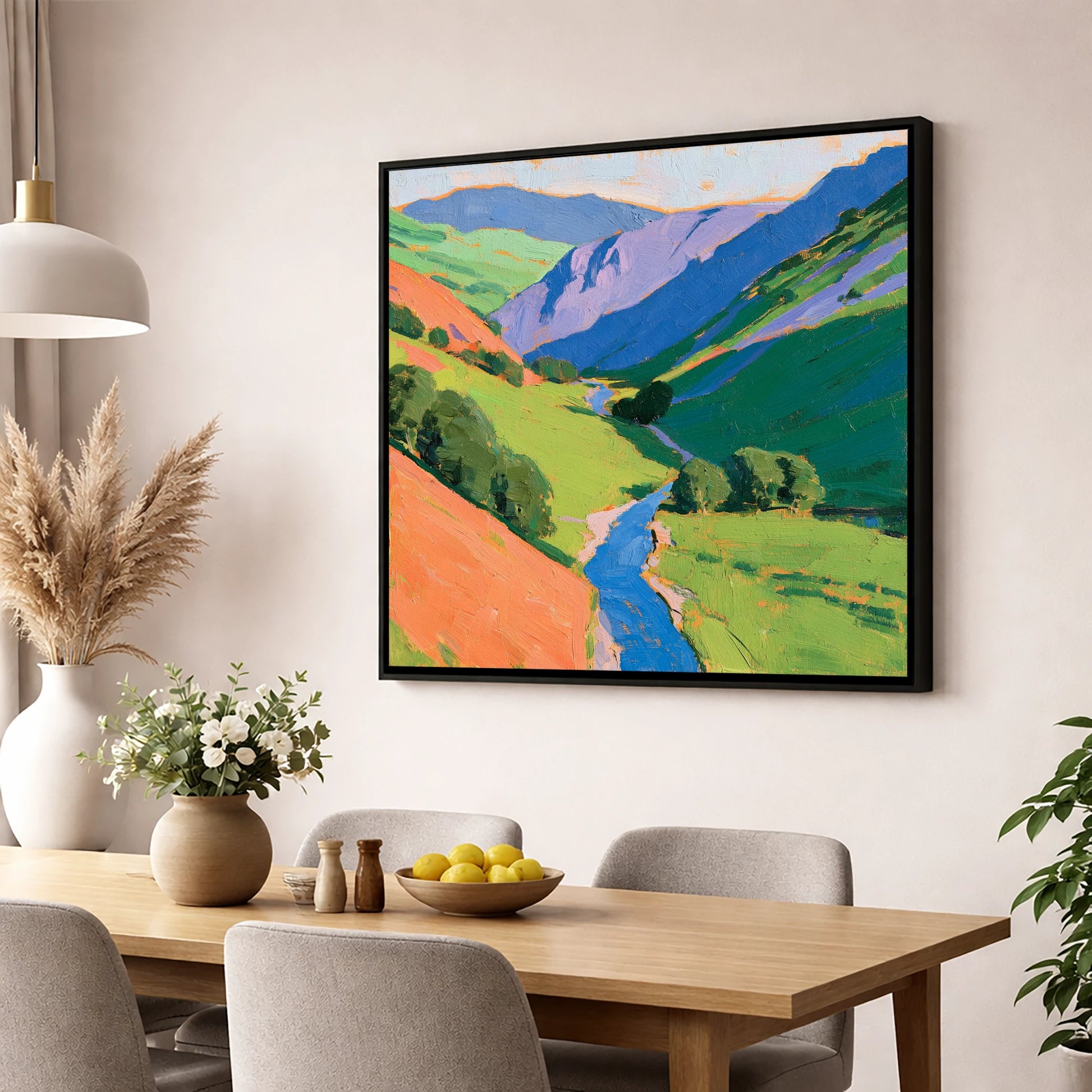 Vivid Riding Country horse landscape wall art displayed in a dining room