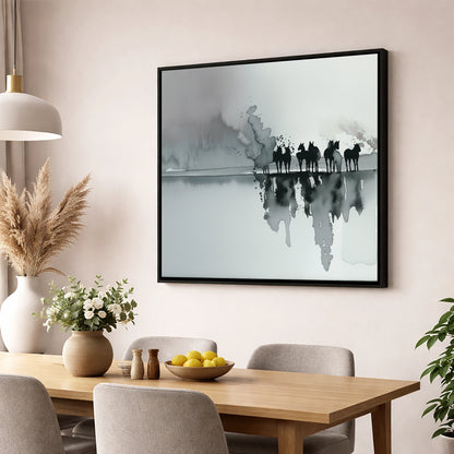 Monochrome Mist Herd wild horses wall art displayed in a dining room