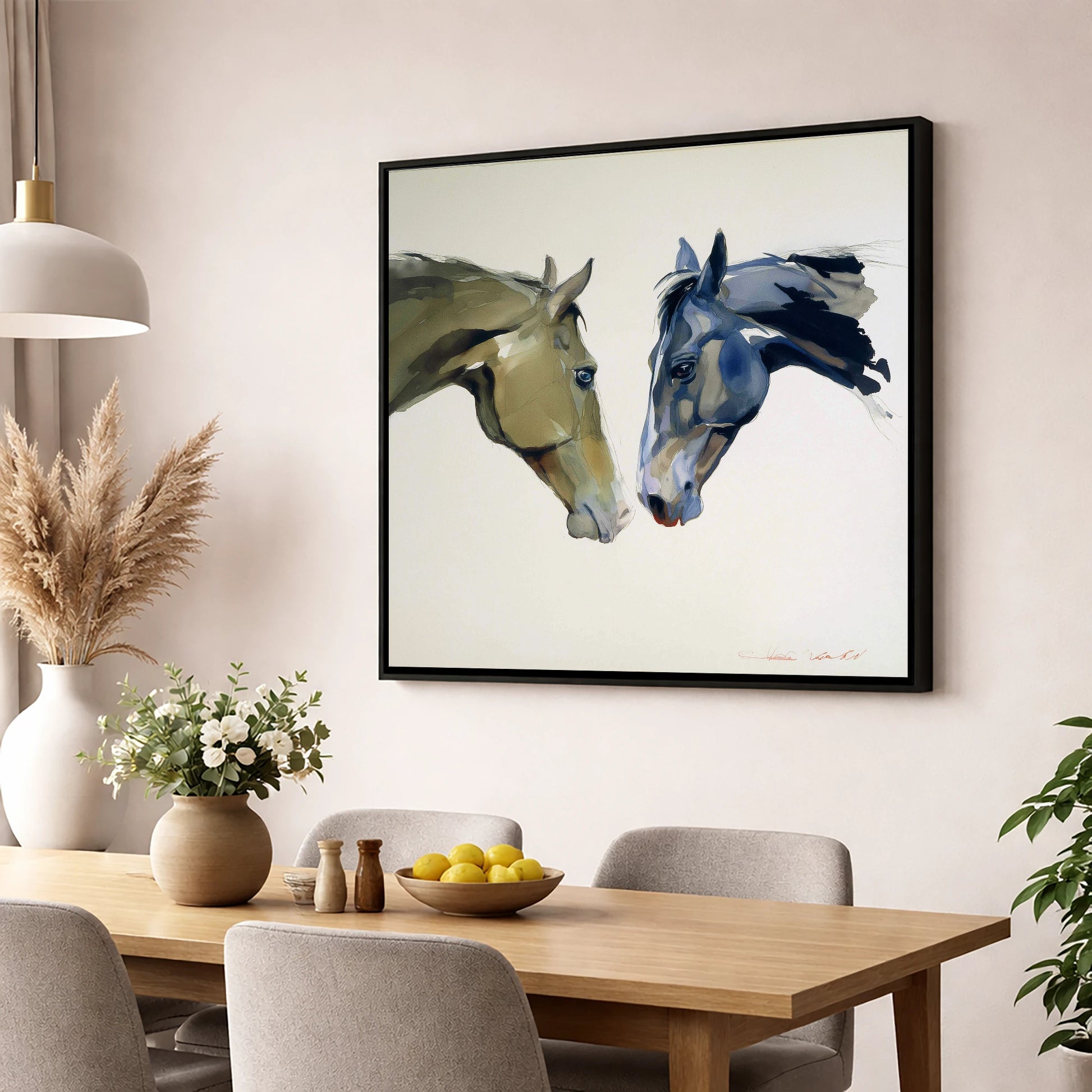 Kindred Spirits horse portrait wall art displayed in a dining room