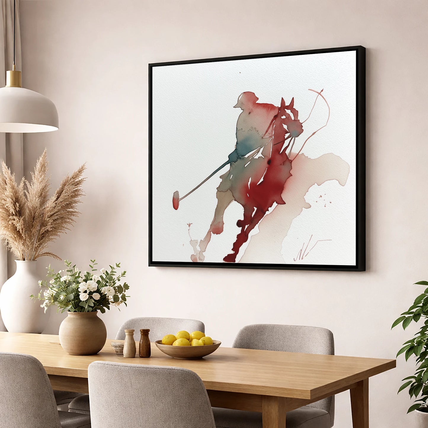The Crimson Chukka polo horse wall art displayed in a dining room