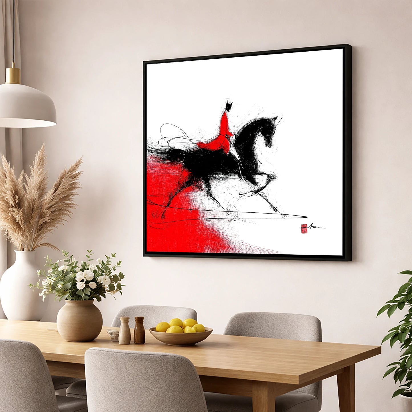 Silhouette in Crimson dressage horse wall art displayed in a dining room