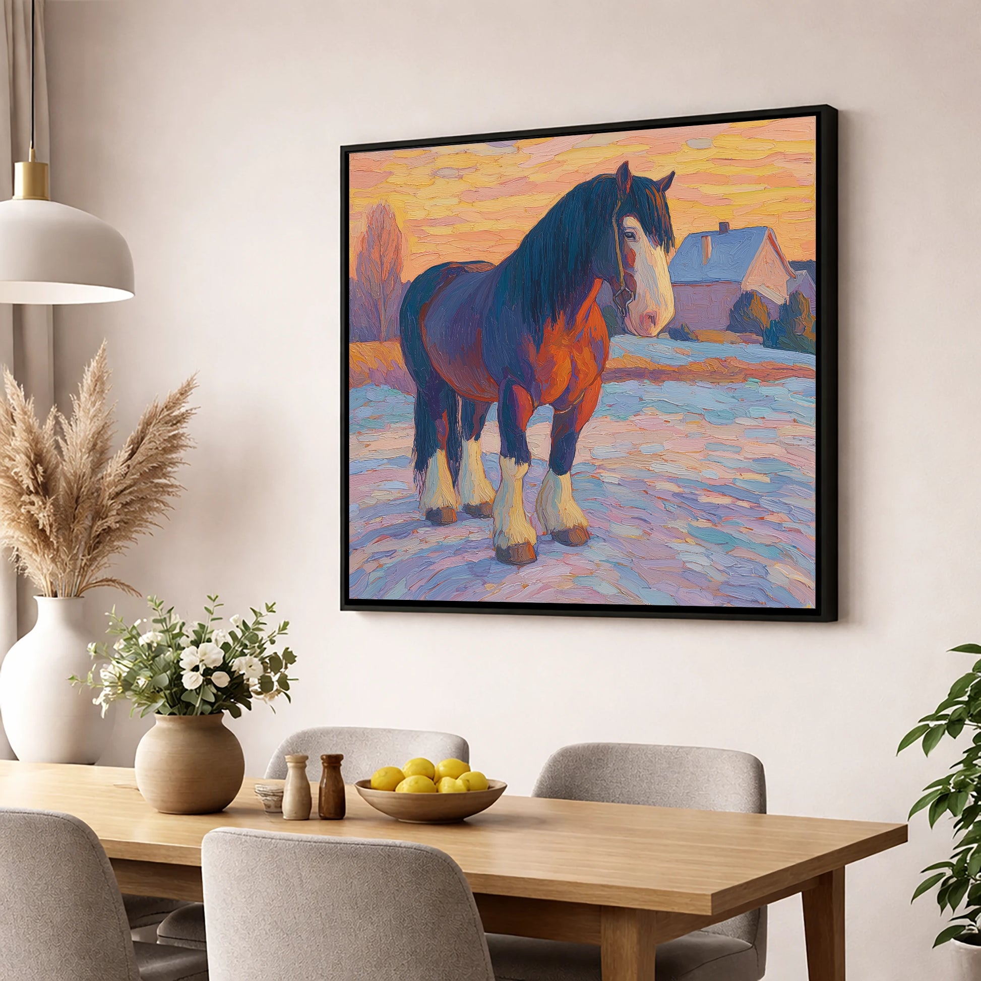 Majestic Winter Shire horse breed wall art displayed in a dining room