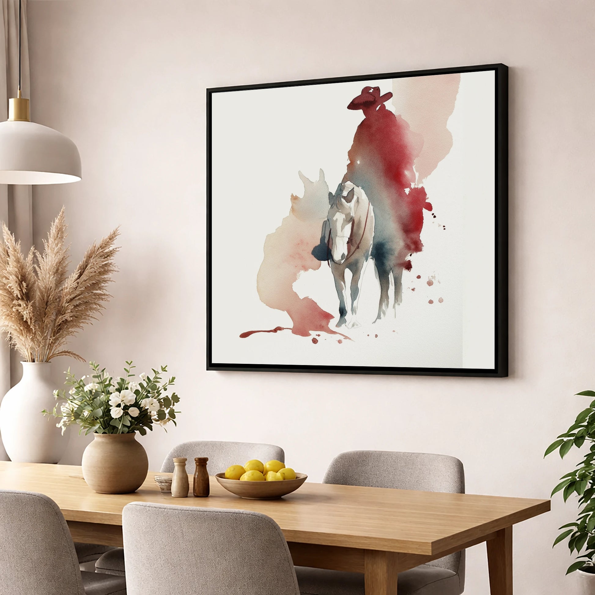 The Crimson Rider western horse wall art displayed in a dining room