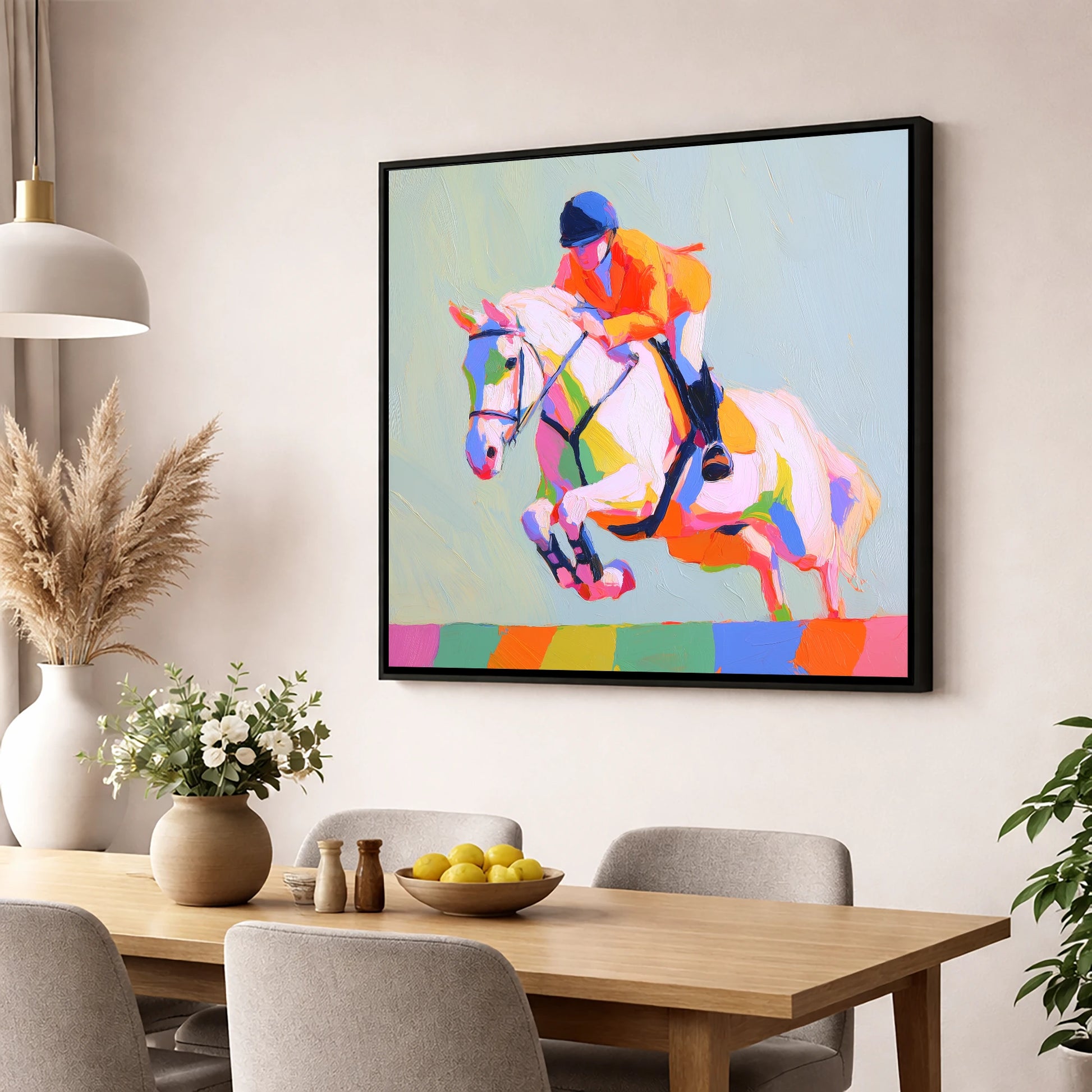 Technicolour Flight show jumping horse wall art displayed in a dining room