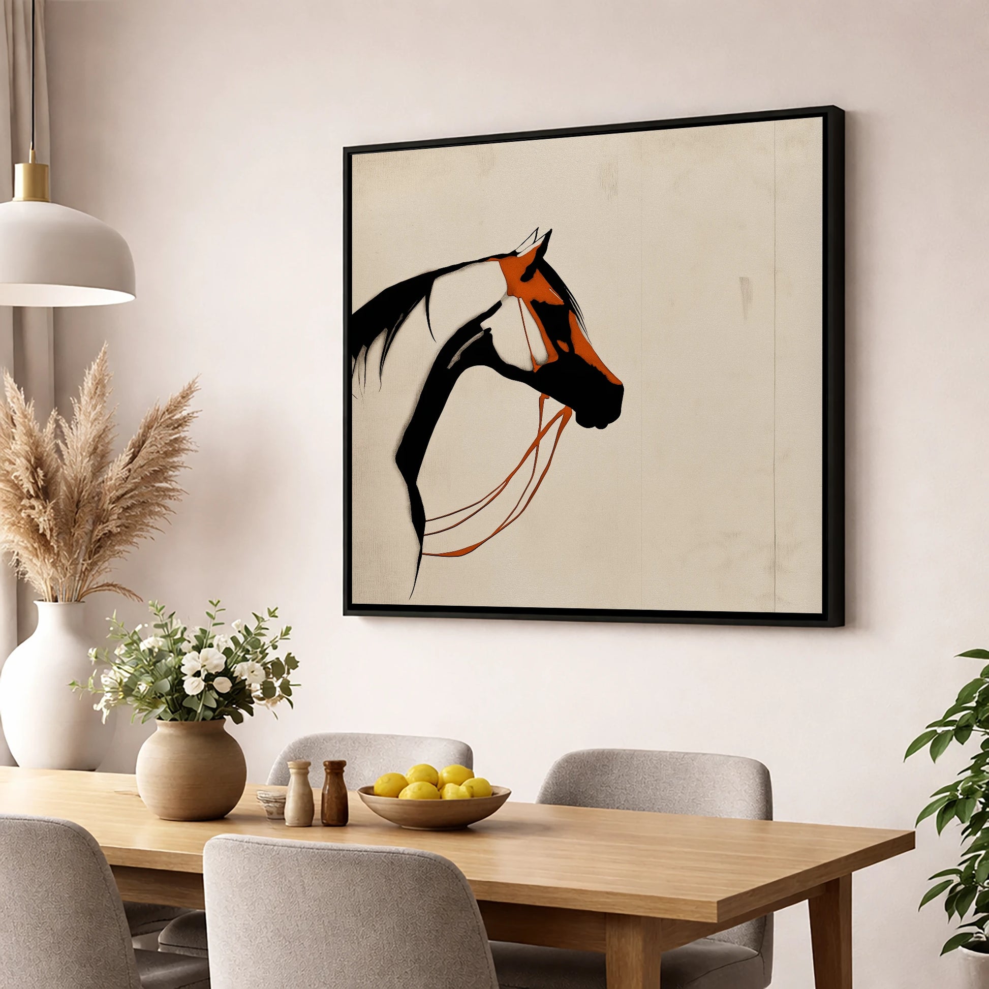 Rust and Ink Silhouette horse breed wall art displayed in a dining room