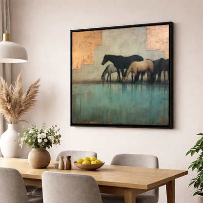 Gilded Equine Reflections wild horses wall art displayed in a dining room