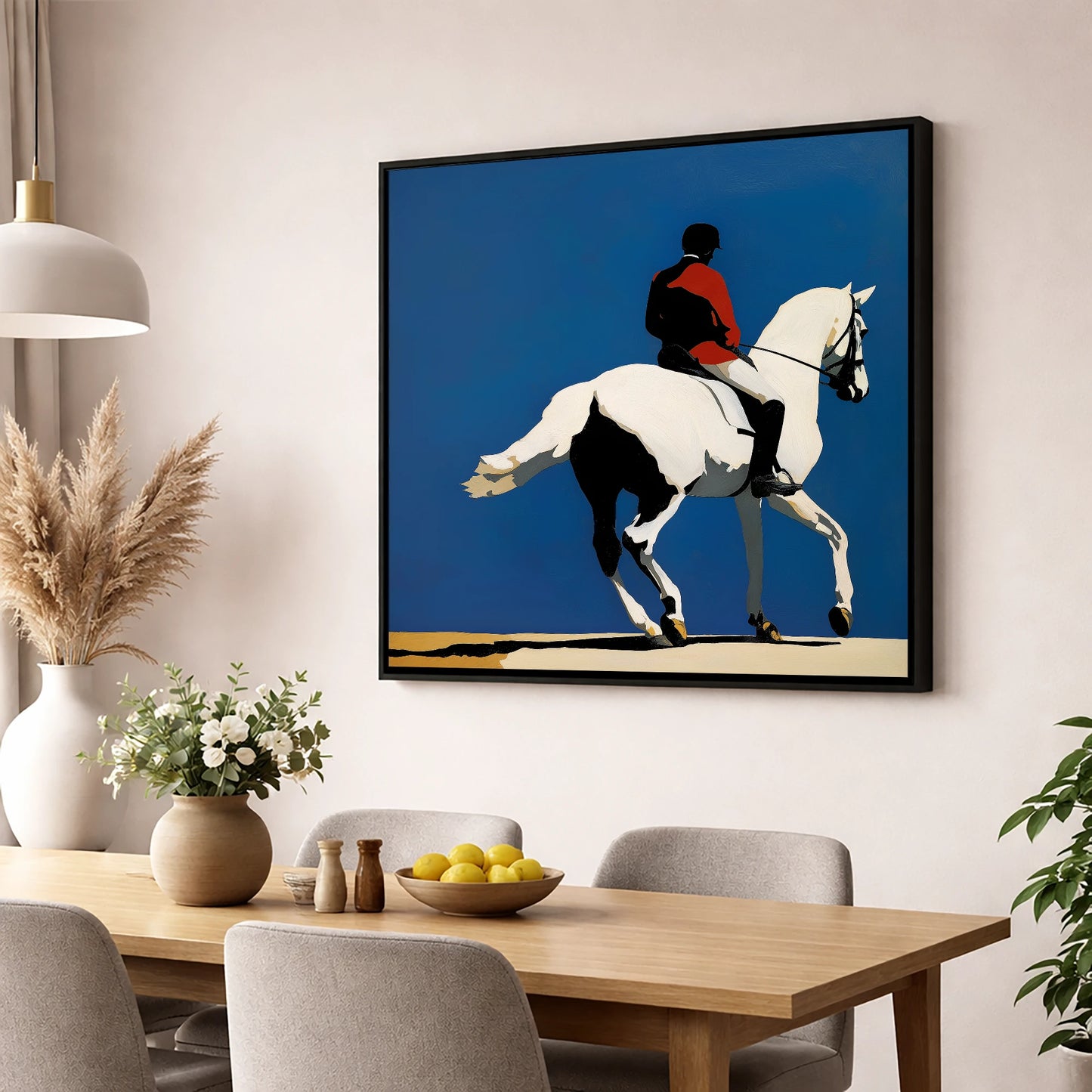 Scarlet Dressage Silhouette dressage horse wall art displayed in a dining room