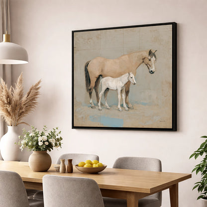 A Quiet Bond mare & foal wall art displayed in a dining room