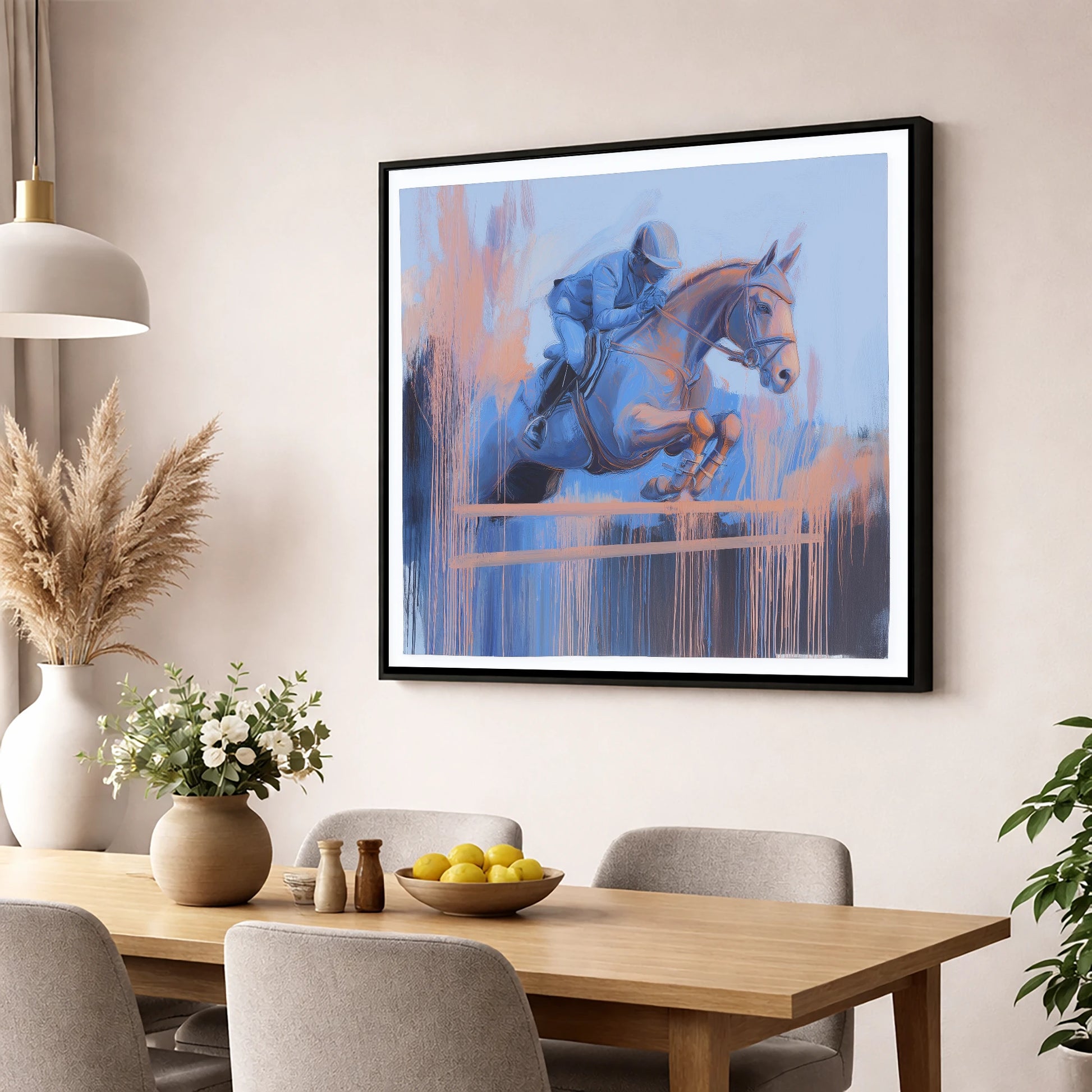 Momentum in Blue and Peach show jumping horse wall art displayed in a dining room