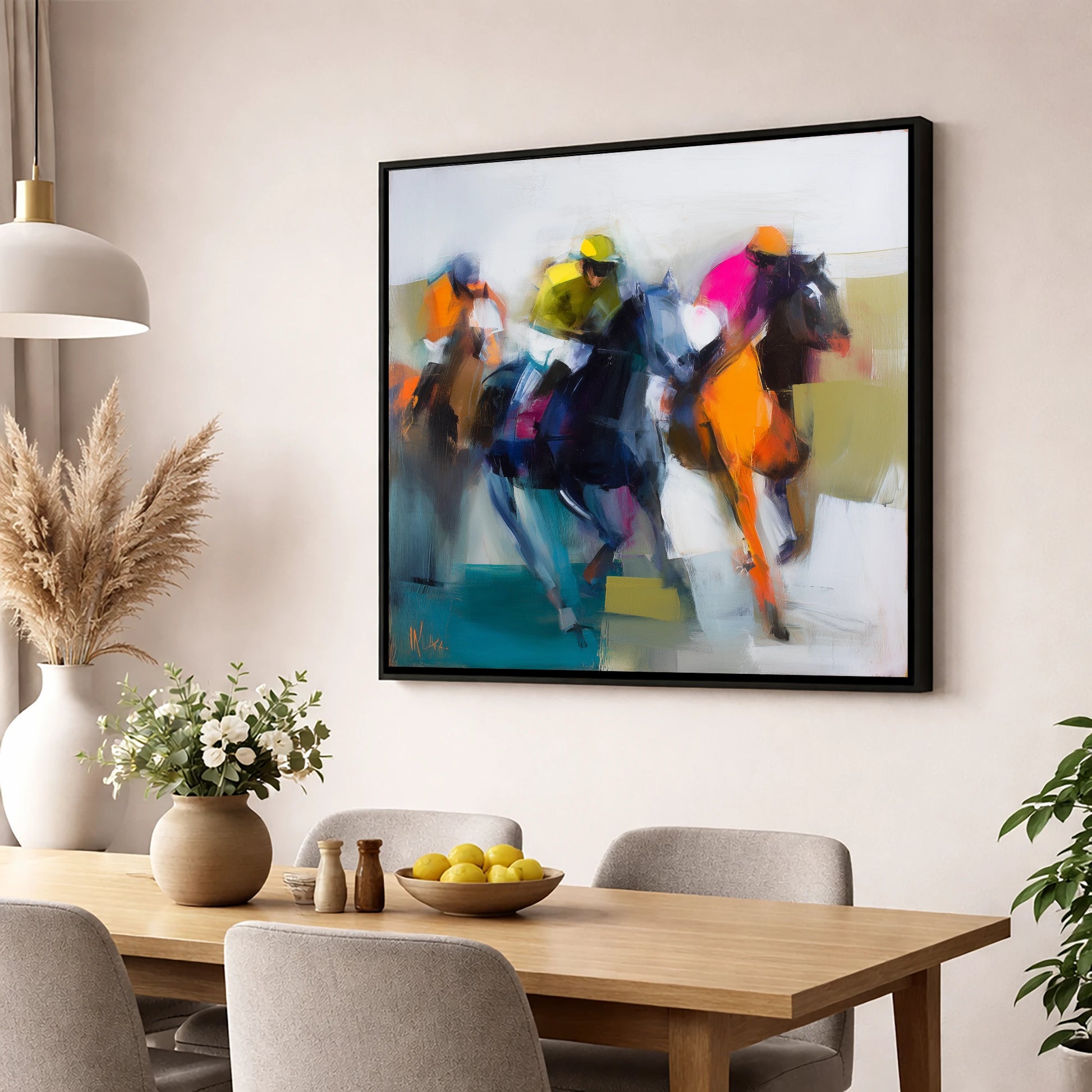 Rush of Silks racing horse wall art displayed in a dining room