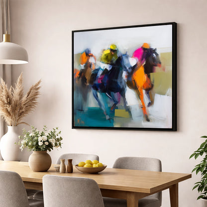 Rush of Silks racing horse wall art displayed in a dining room