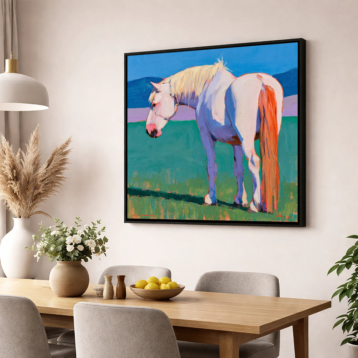 White Horse in Vibrant Light horse breed wall art displayed in a dining room