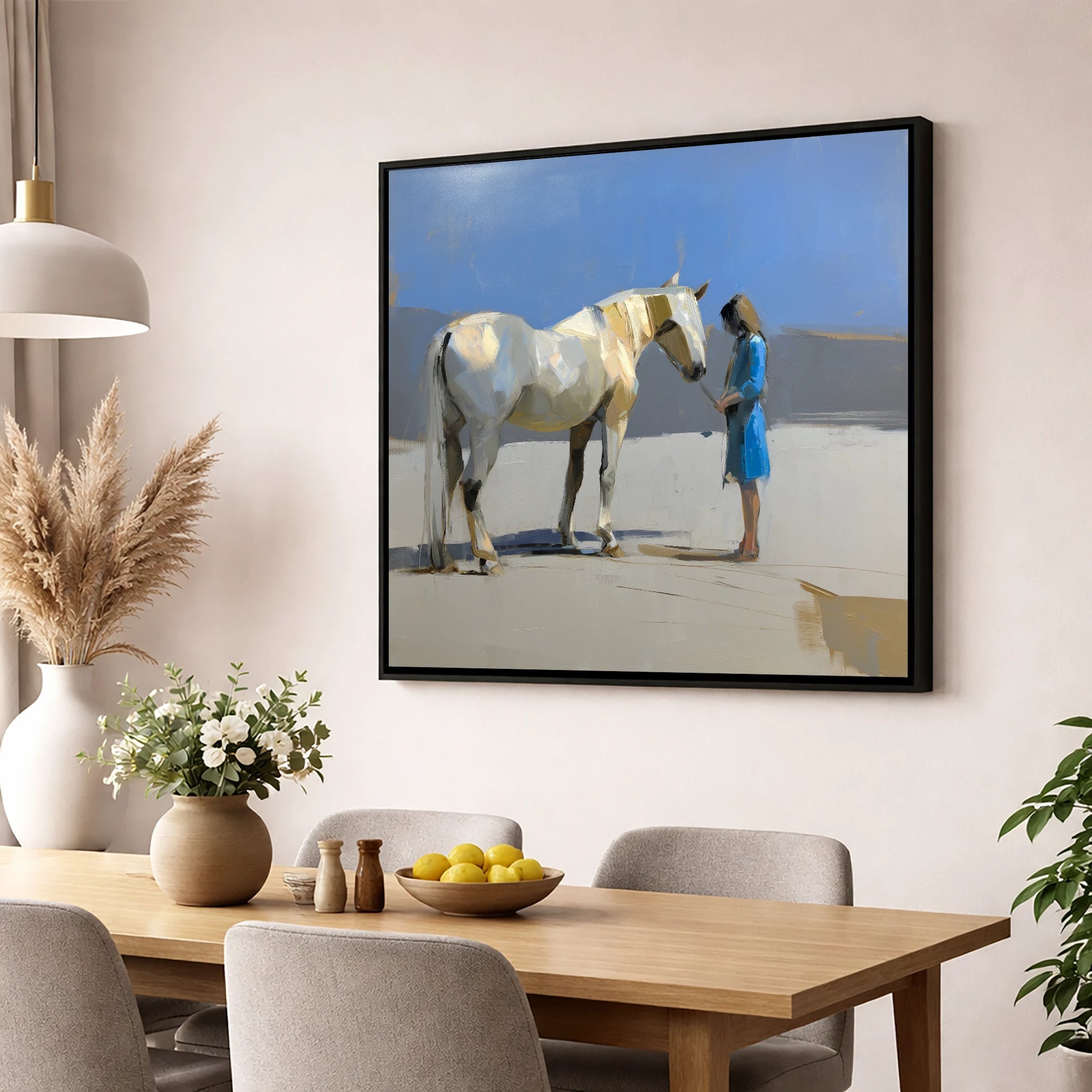 Sunlit Companion horse & rider wall art displayed in a dining room