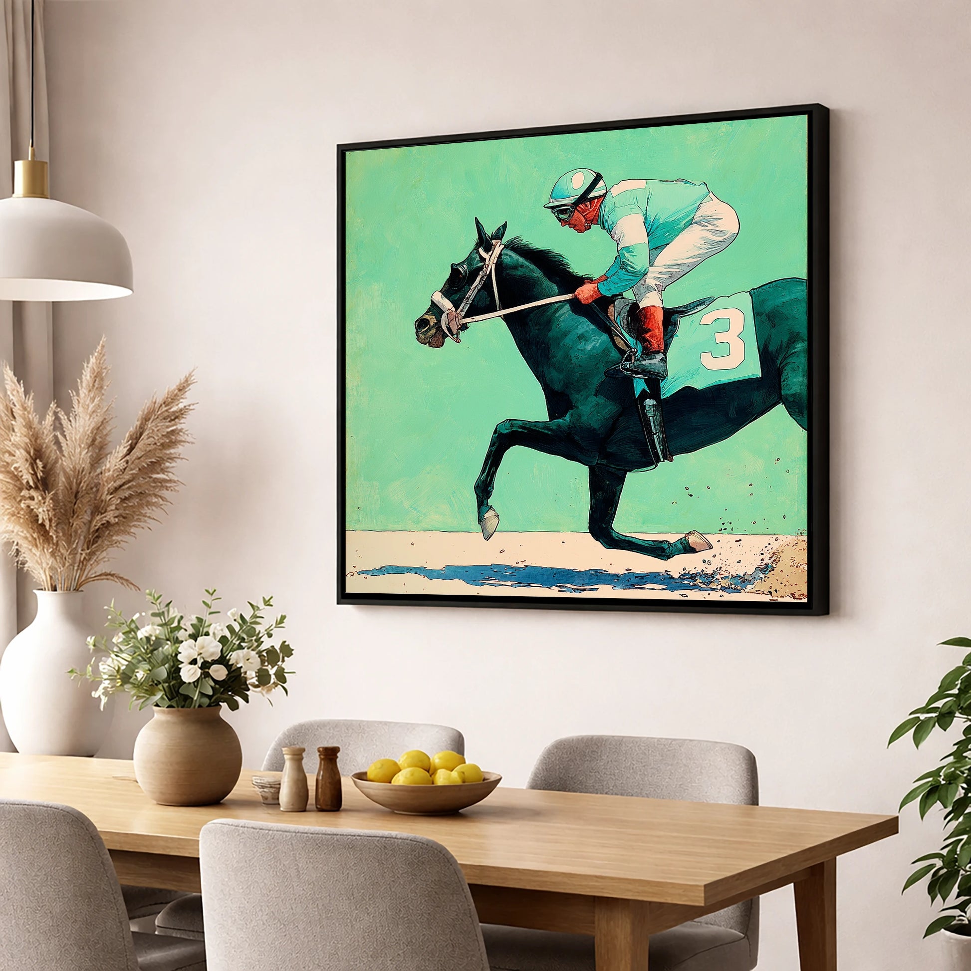 The Teal Flyer racing horse wall art displayed in a dining room