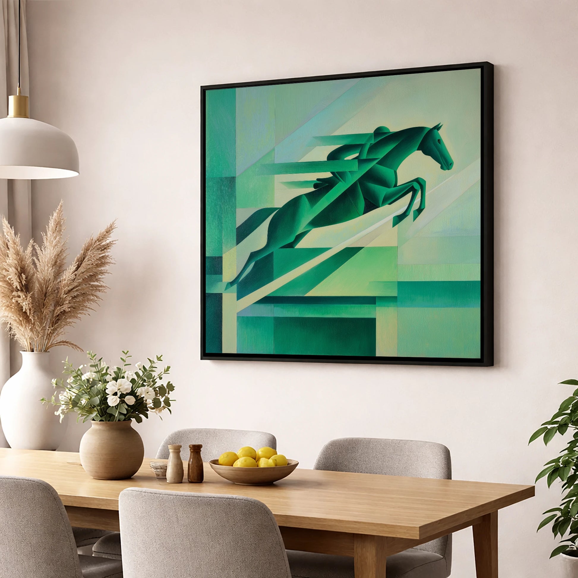 Emerald Momentum show jumping horse wall art displayed in a dining room