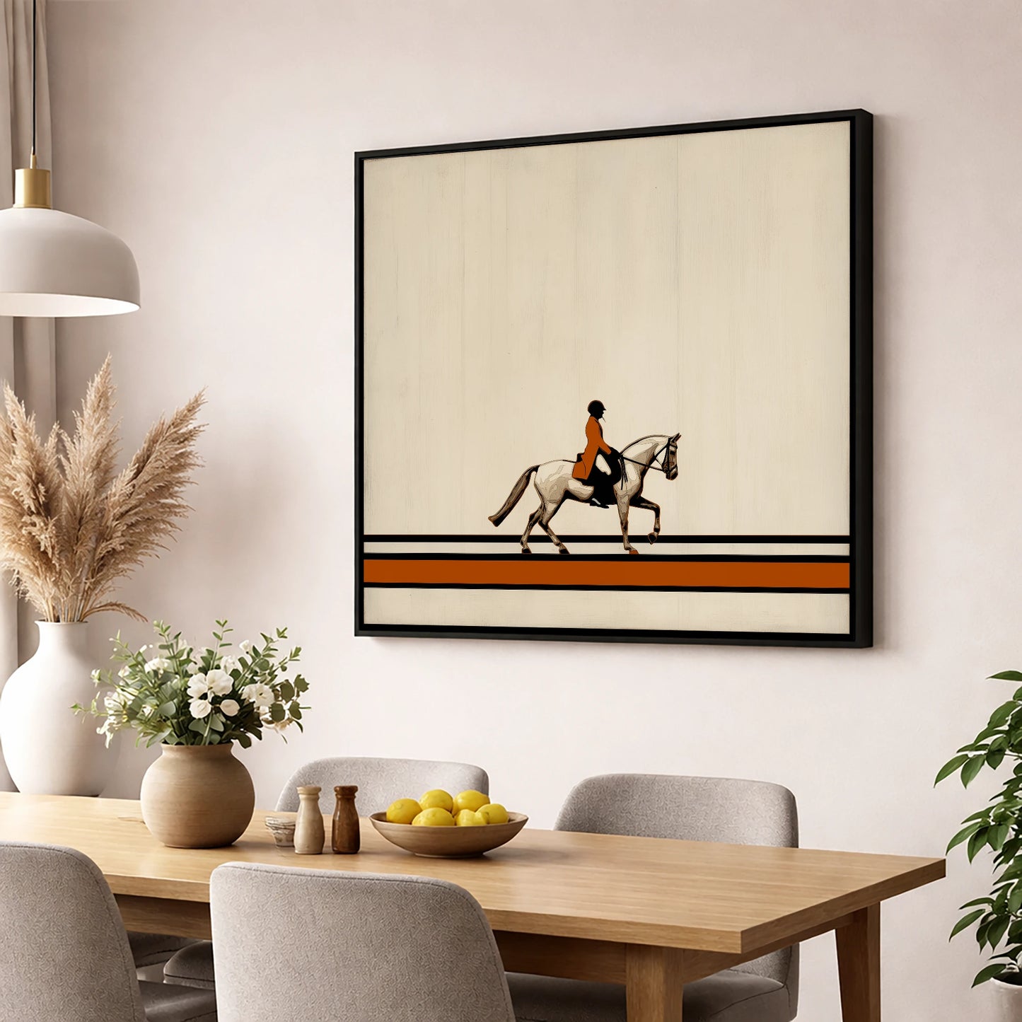Precision in Burnt Orange dressage horse wall art displayed in a dining room