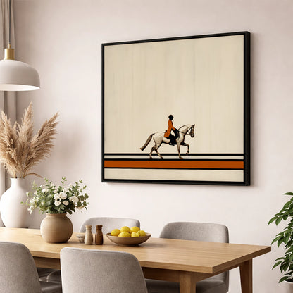 Precision in Burnt Orange dressage horse wall art displayed in a dining room