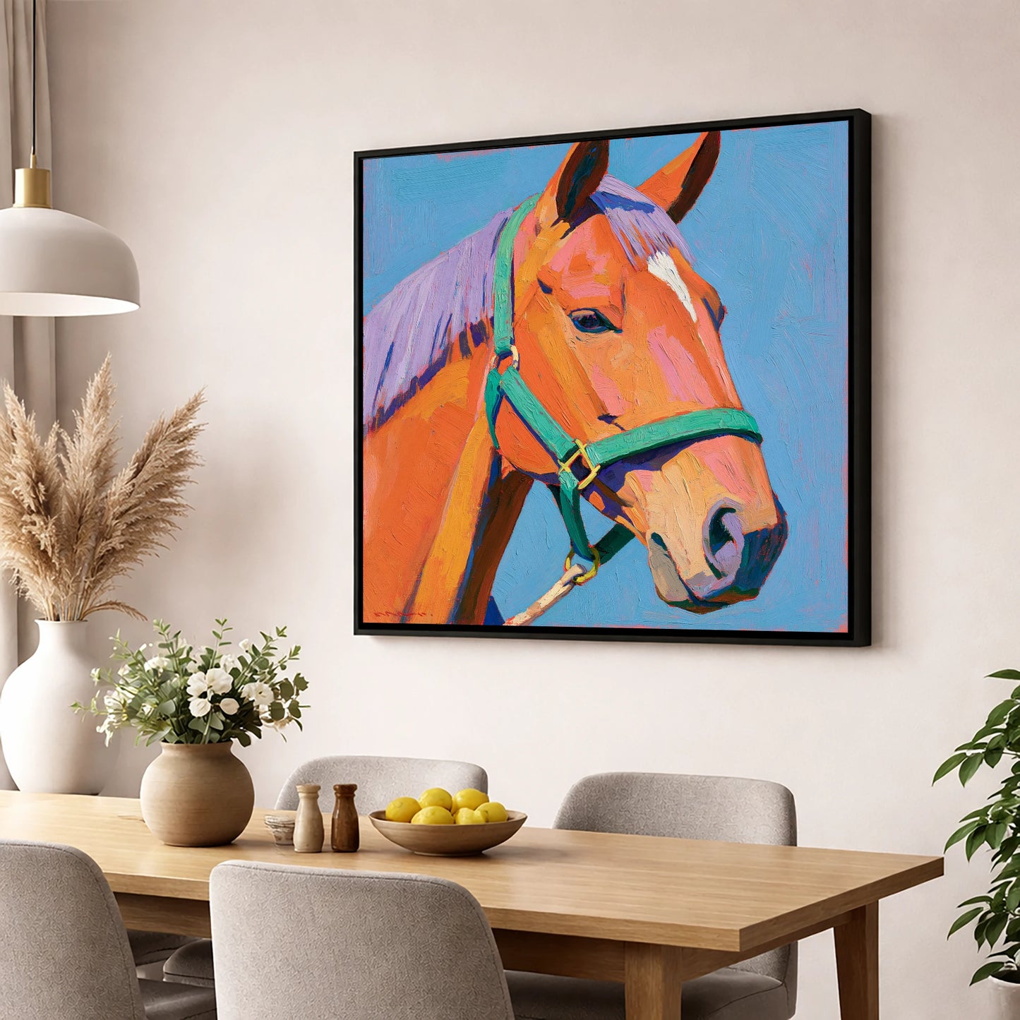 Colourful Chestnut Horse Portrait horse breed wall art displayed in a dining room