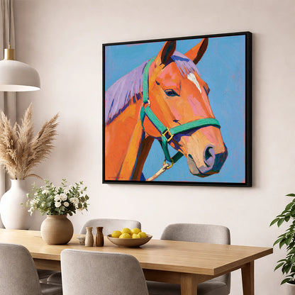 Colourful Chestnut Horse Portrait horse breed wall art displayed in a dining room