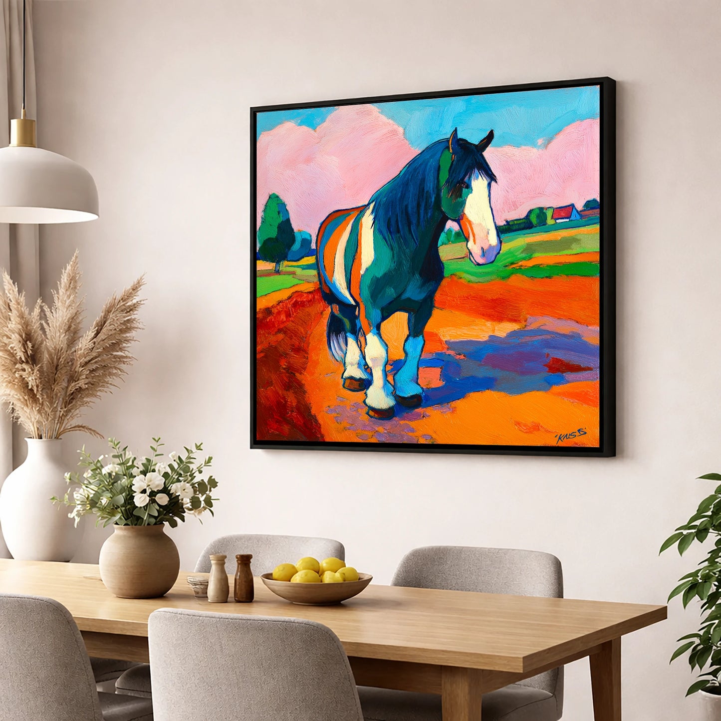 Vibrant Coloured Cob horse breed wall art displayed in a dining room