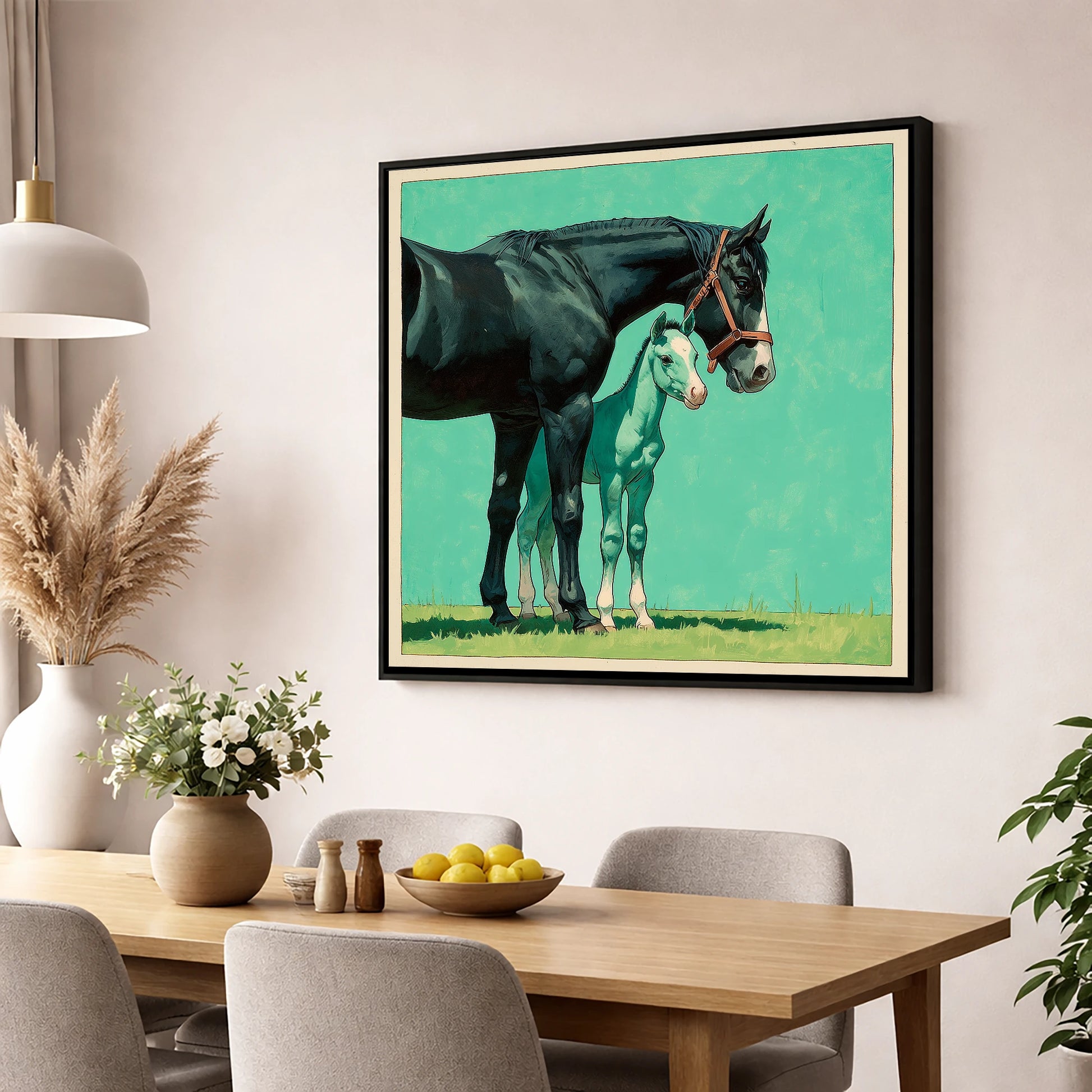 Bond in Vivid Teal mare & foal wall art displayed in a dining room