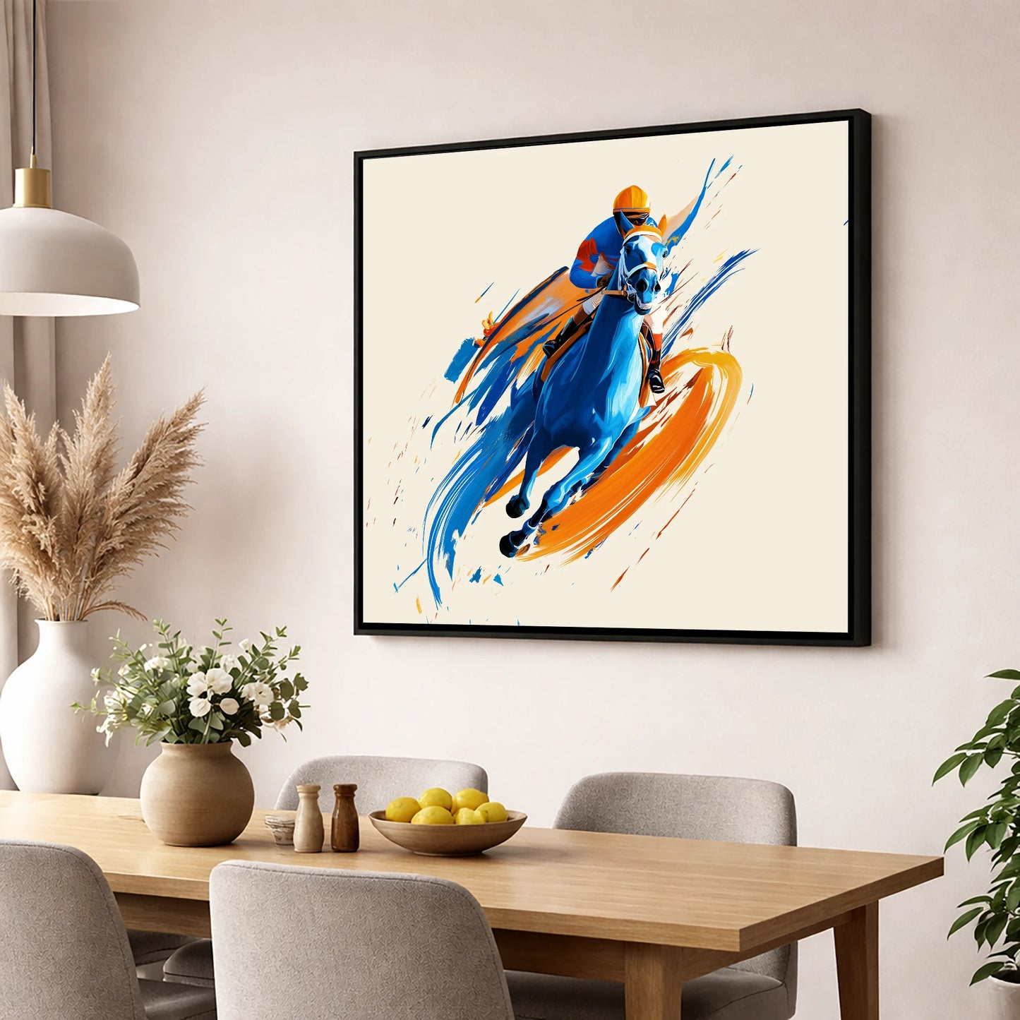 Electric Pace racing horse wall art displayed in a dining room