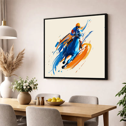 Electric Pace racing horse wall art displayed in a dining room