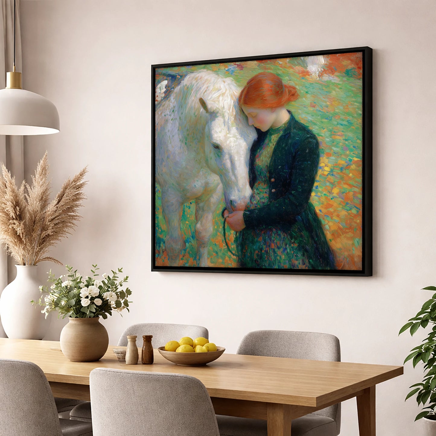The Serene Bond horse & rider wall art displayed in a dining room