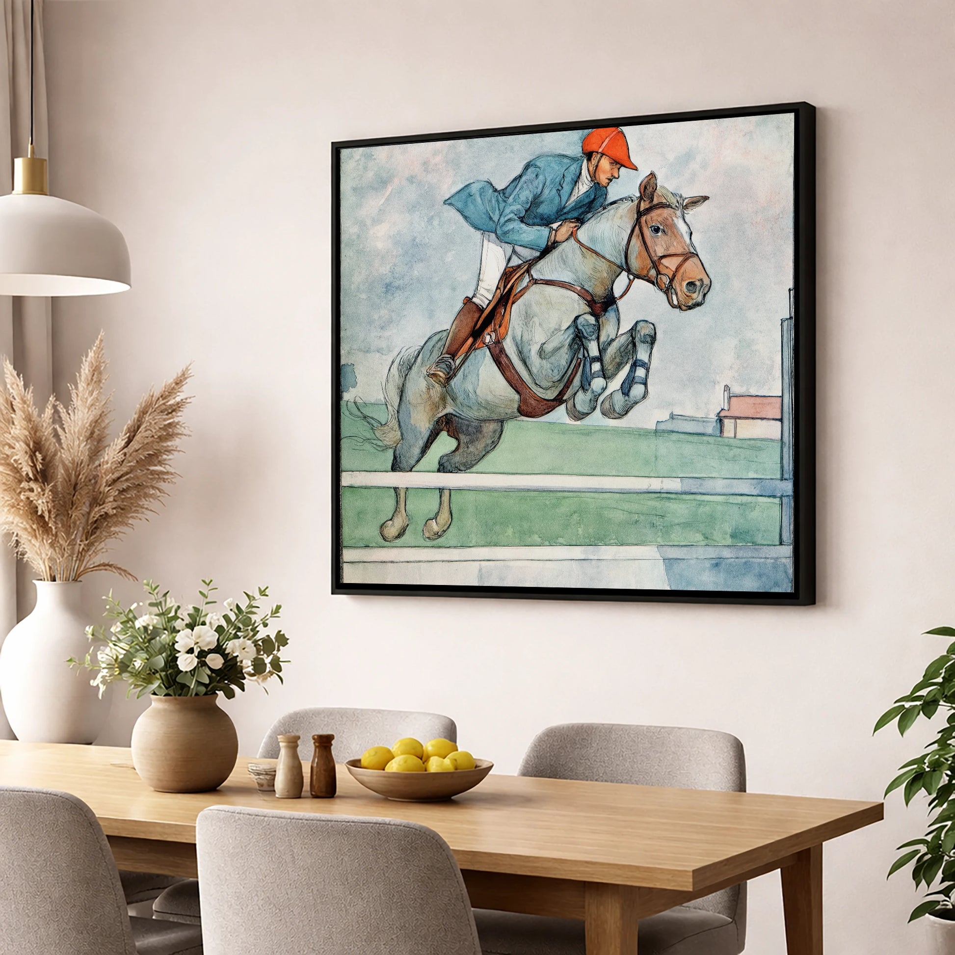 Clearing the White Rail show jumping horse wall art displayed in a dining room