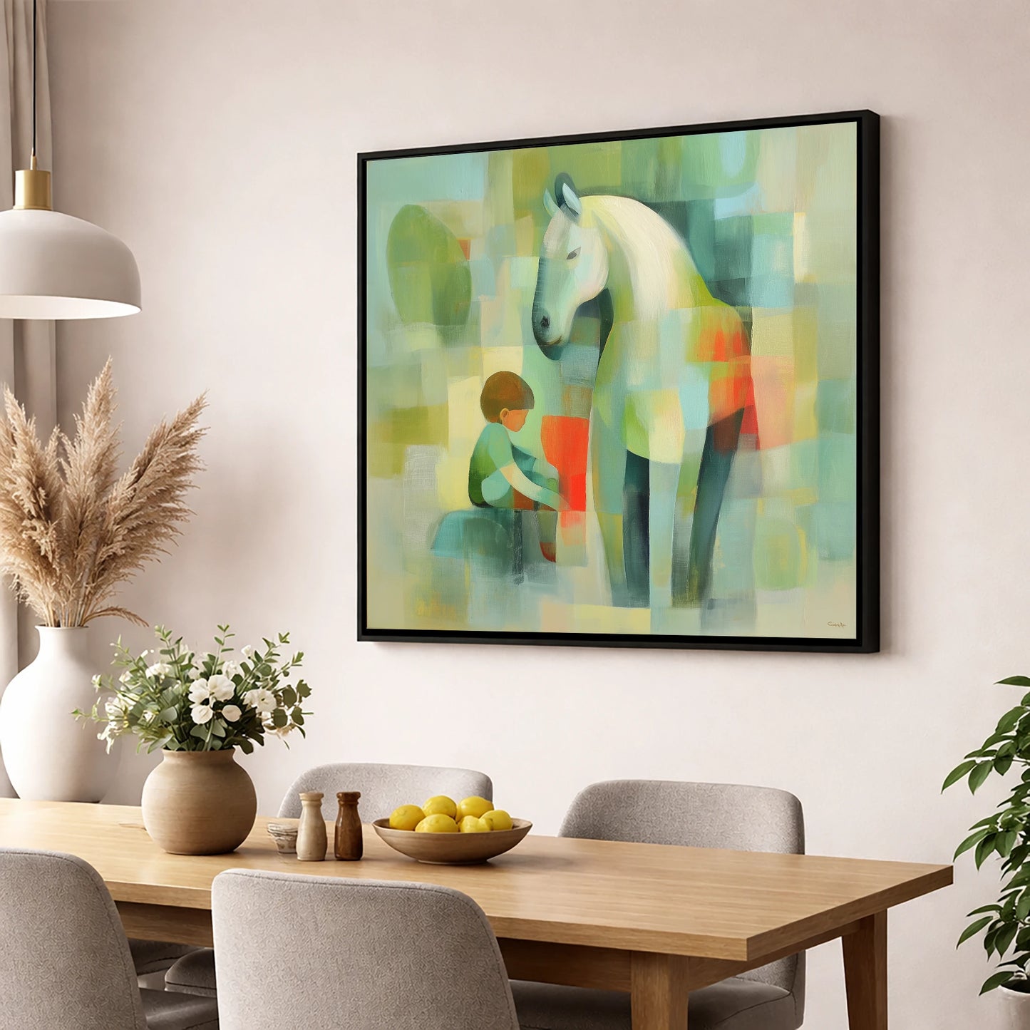 The Quiet Companion horse & rider wall art displayed in a dining room