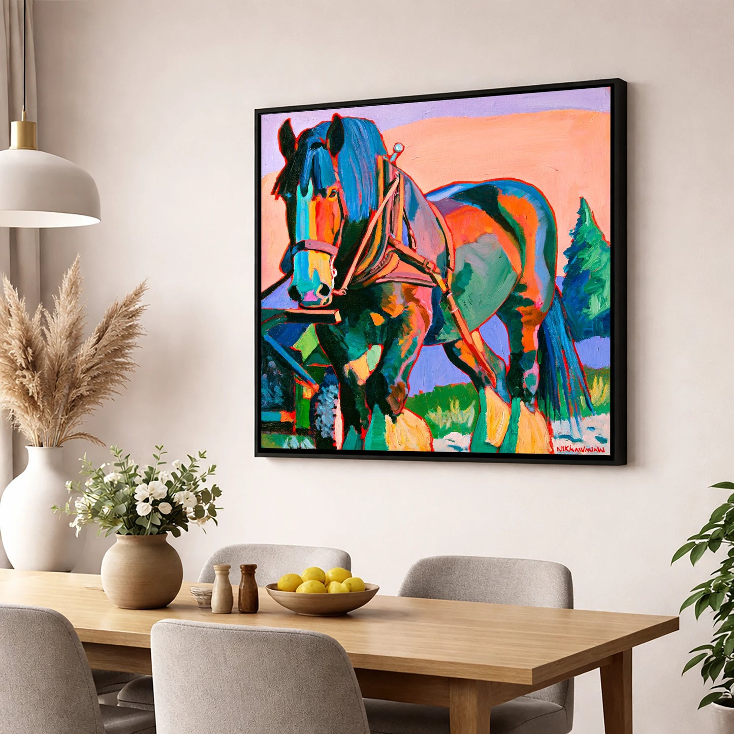Vibrant Heavy Horse in Harness horse breed wall art displayed in a dining room
