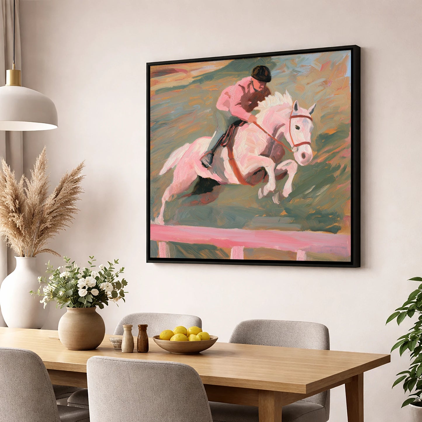 Airborne in Pastel show jumping horse wall art displayed in a dining room