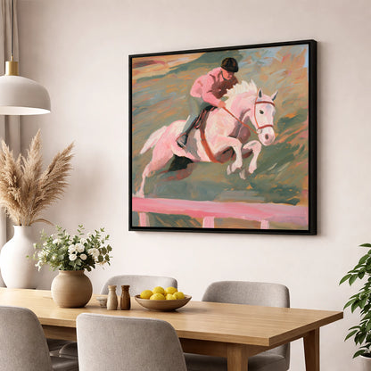 Airborne in Pastel show jumping horse wall art displayed in a dining room