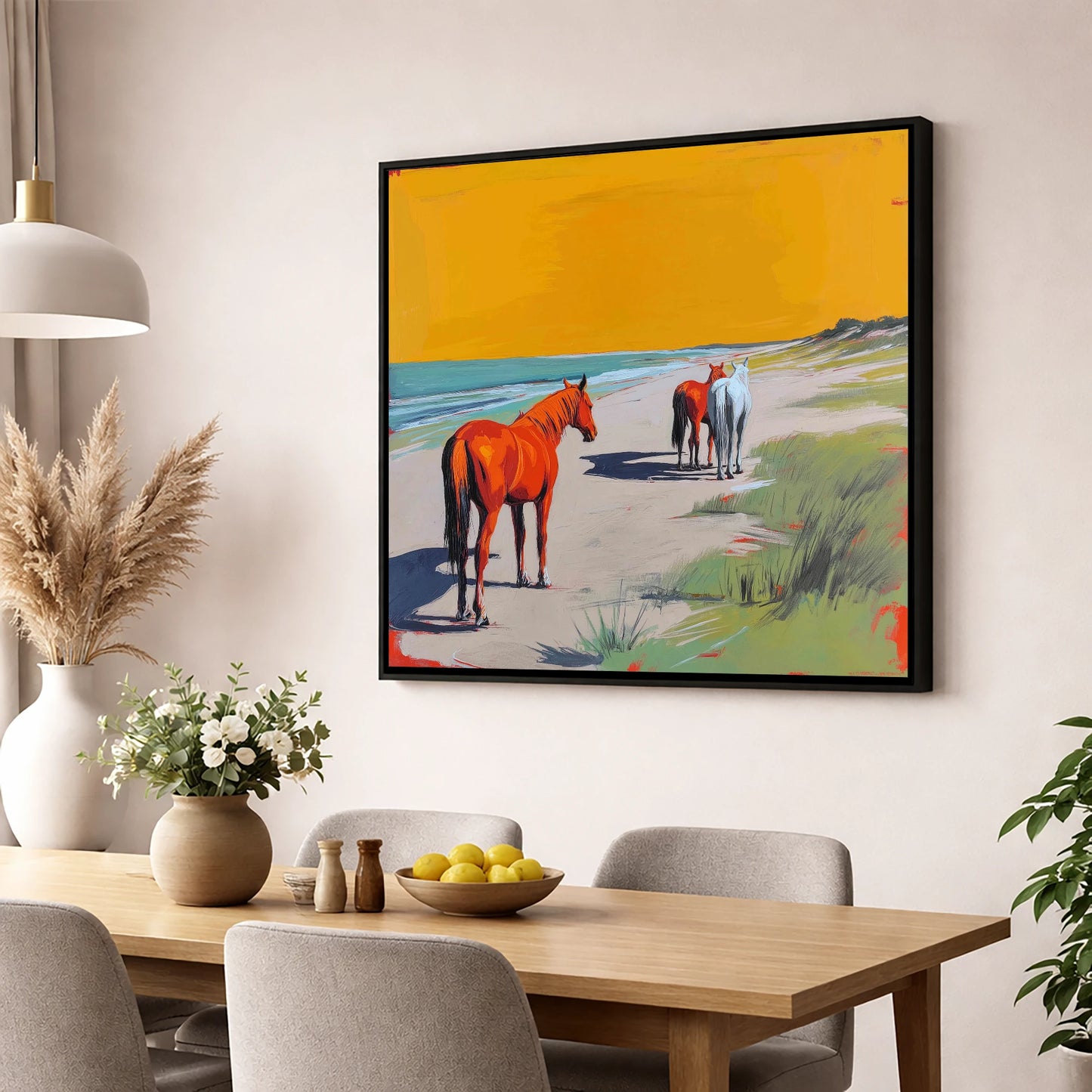 Golden Sands Companions horse landscape wall art displayed in a dining room
