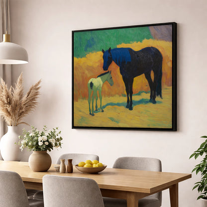 Radiant First Steps mare & foal wall art displayed in a dining room