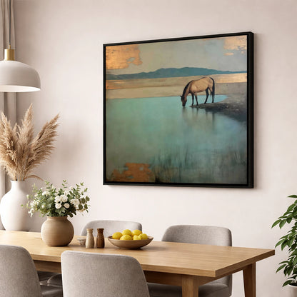 Gilded Solitude at Dusk horse landscape wall art displayed in a dining room