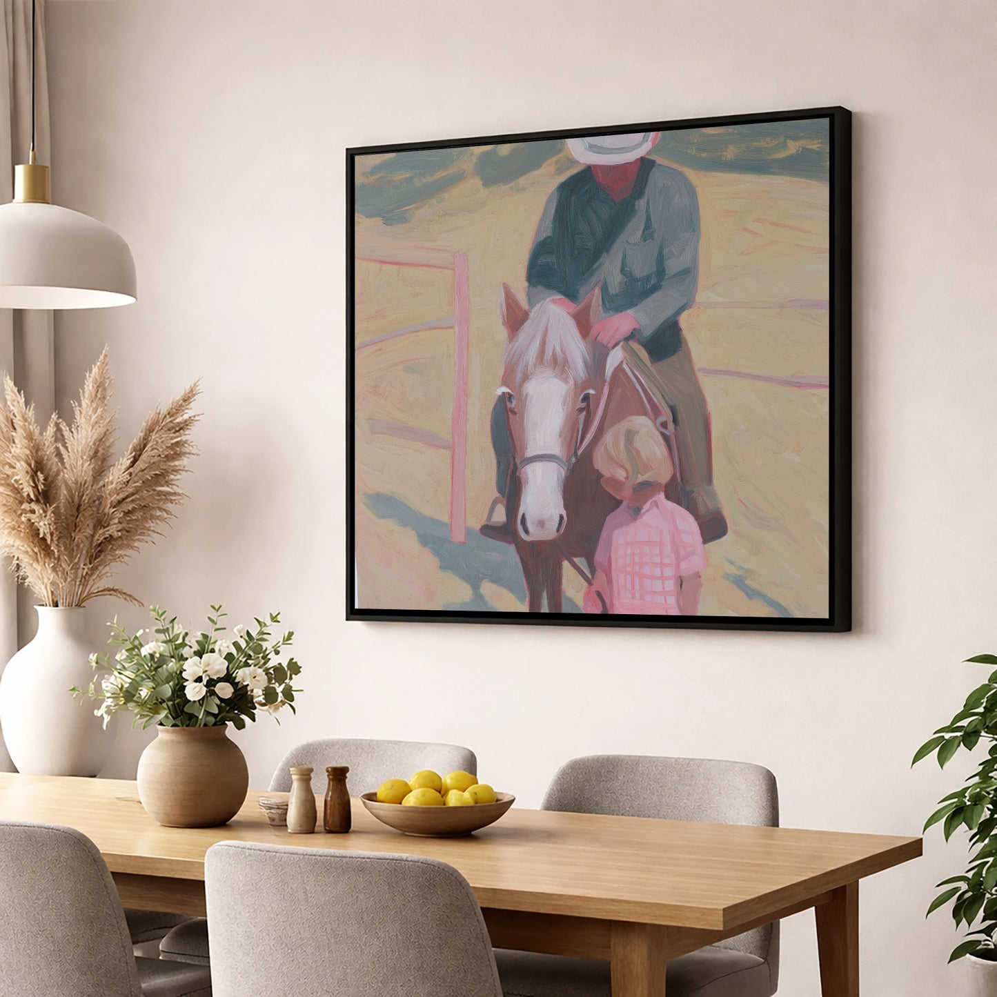 The Gentle Lesson horse & rider wall art displayed in a dining room
