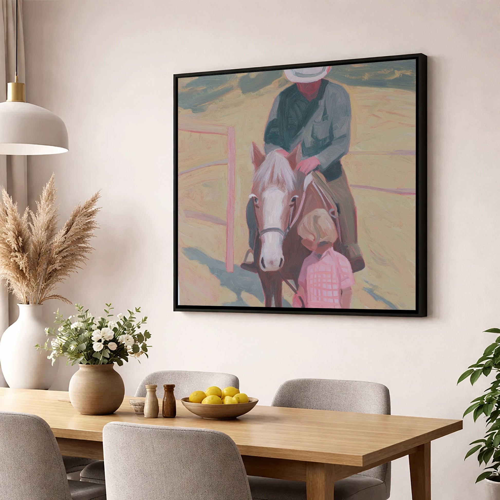 The Gentle Lesson horse & rider wall art displayed in a dining room