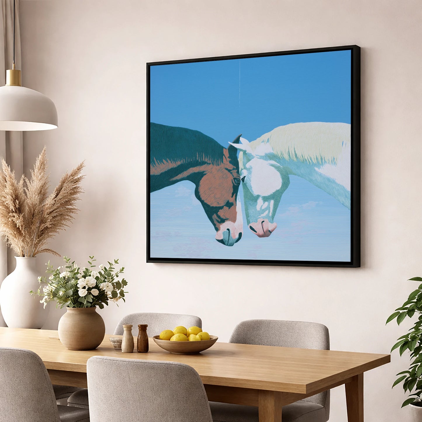 Quiet Companionship horse portrait wall art displayed in a dining room