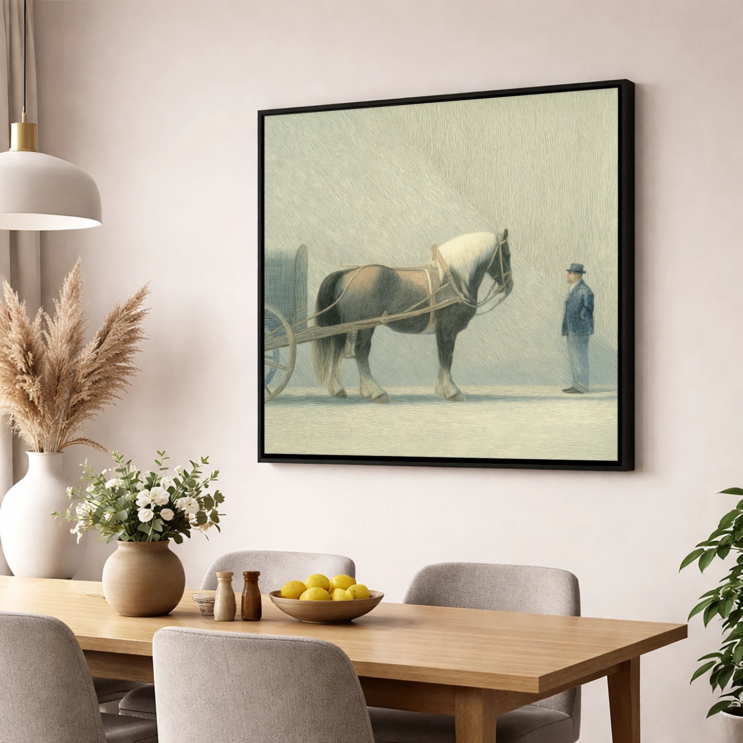 A Shared Resolve working horse wall art displayed in a dining room