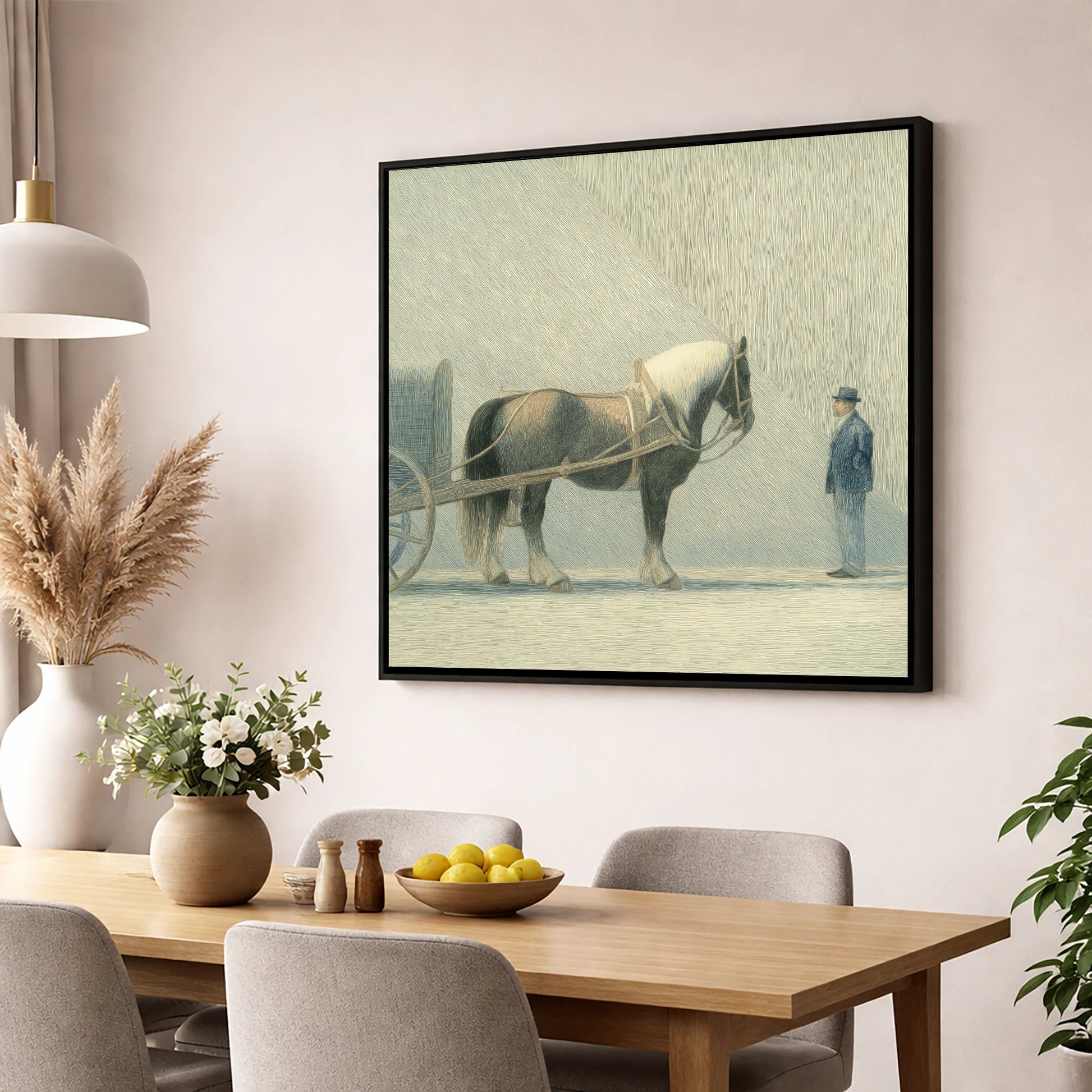 A Shared Resolve working horse wall art displayed in a dining room