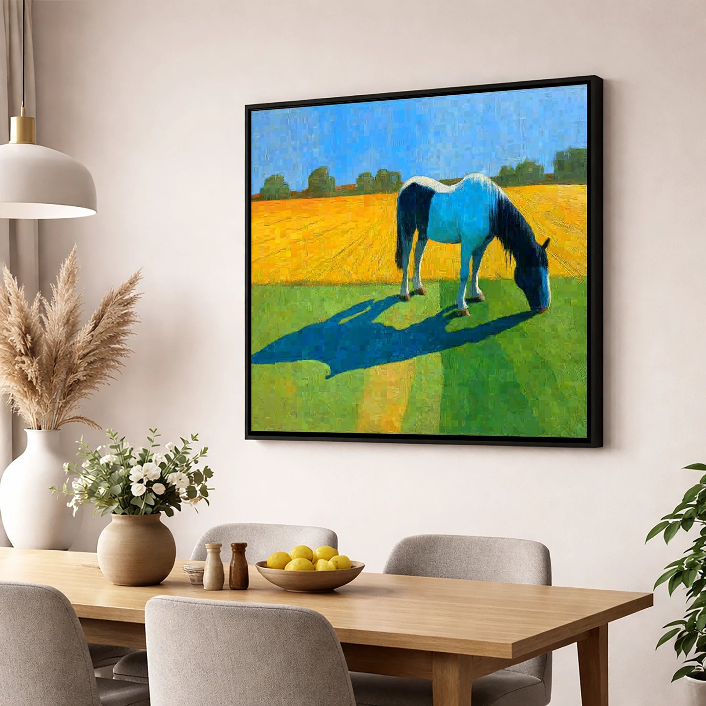 Sunlit Piebald Grazer working horse wall art displayed in a dining room