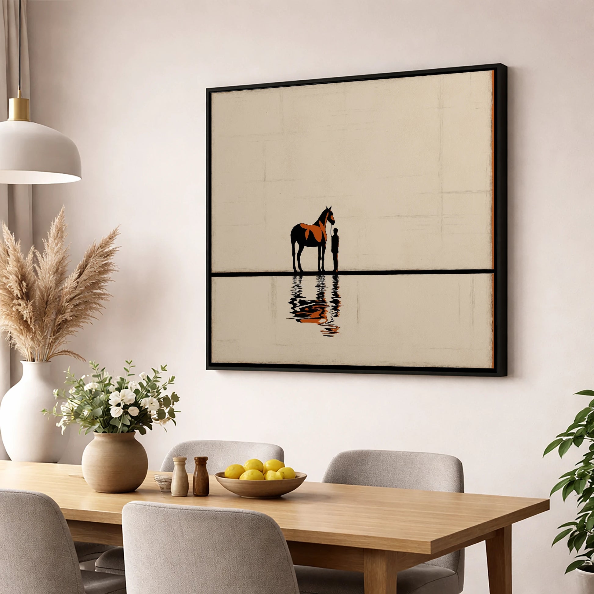 Reflected Bond horse & rider wall art displayed in a dining room