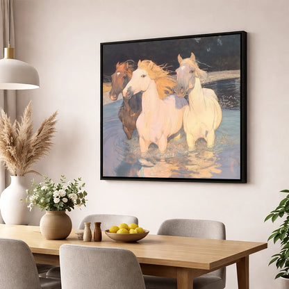 Three in the Shallows wild horses wall art displayed in a dining room