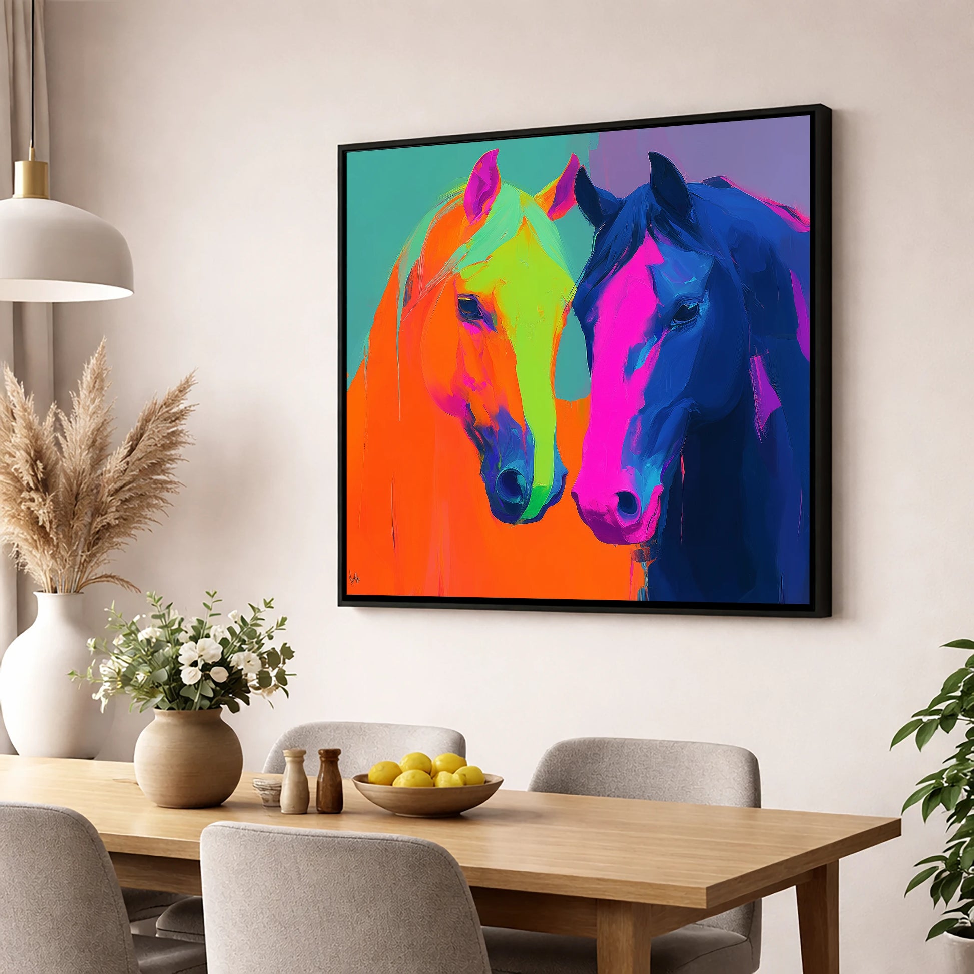 Neon Companions horse portrait wall art displayed in a dining room