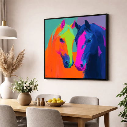 Neon Companions horse portrait wall art displayed in a dining room