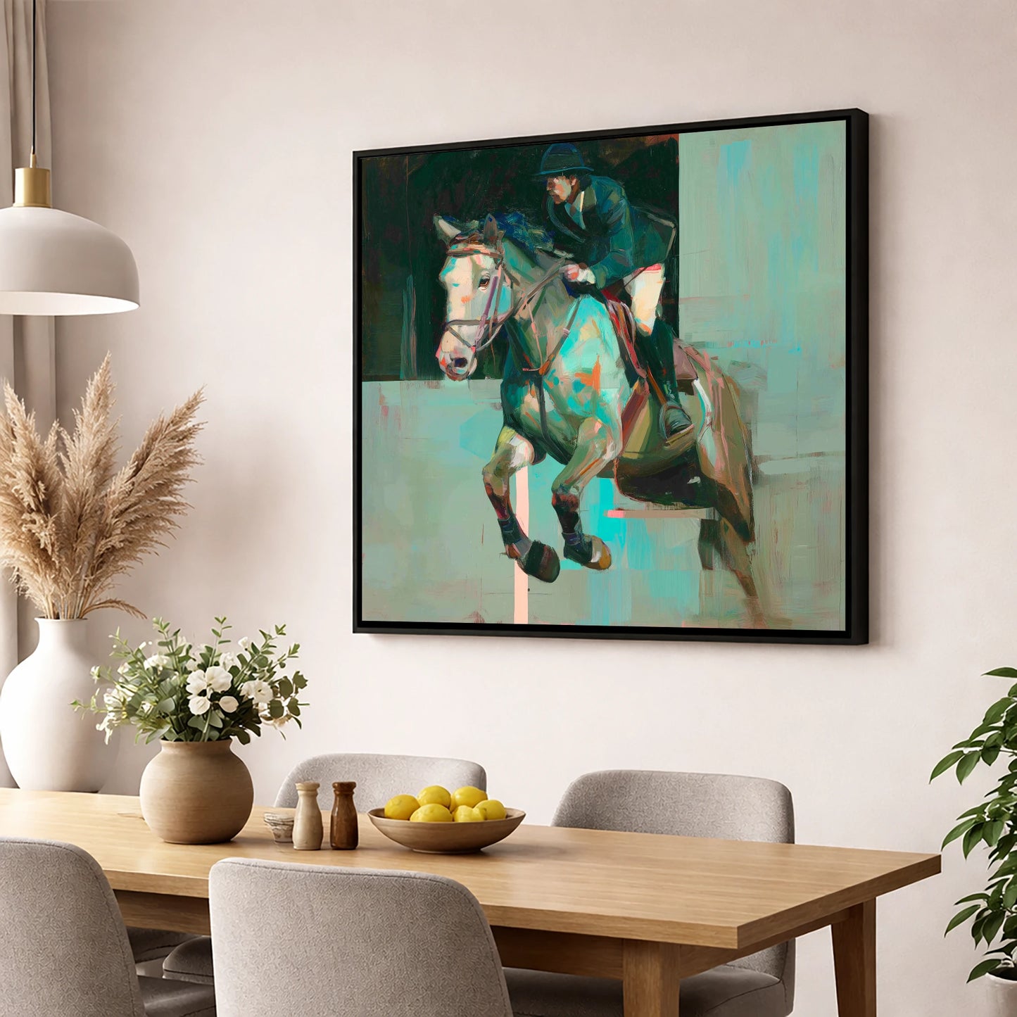 Suspended in Colour show jumping horse wall art displayed in a dining room